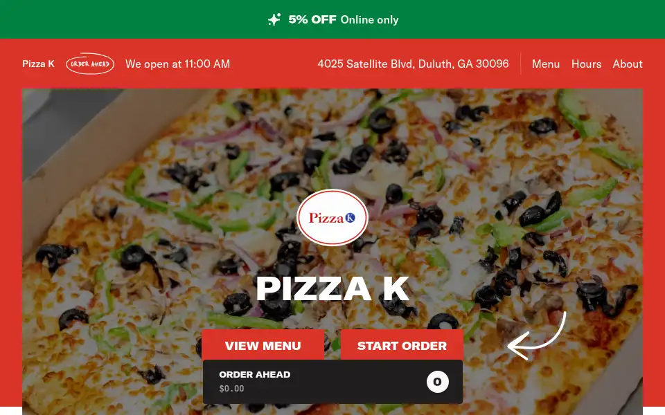Screenshot of pizzakmenu.com