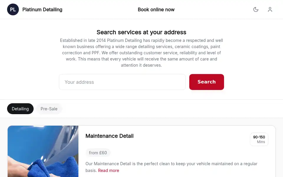 Screenshot of platinum-detailing.uk