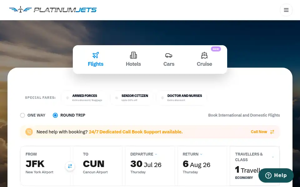 Screenshot of platinumjetsinc.com