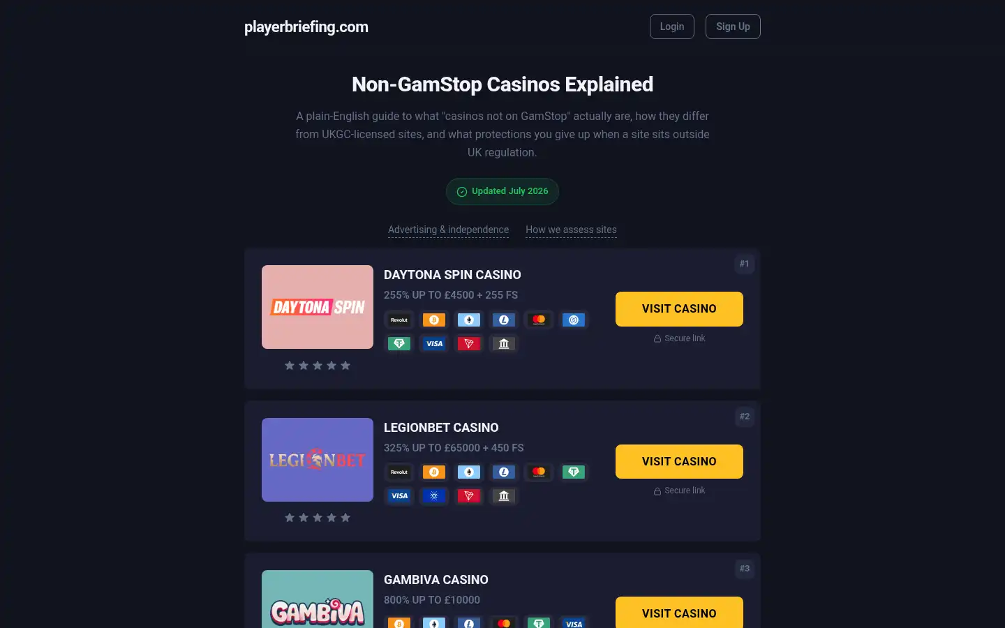 Screenshot of playerbriefing.com