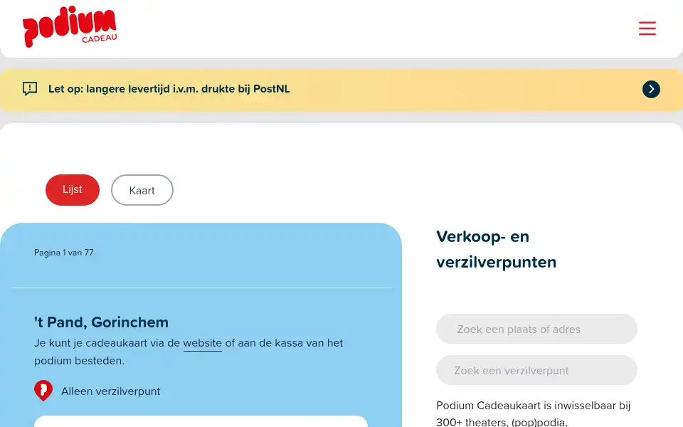 Screenshot of podiumcadeaukaart.nl