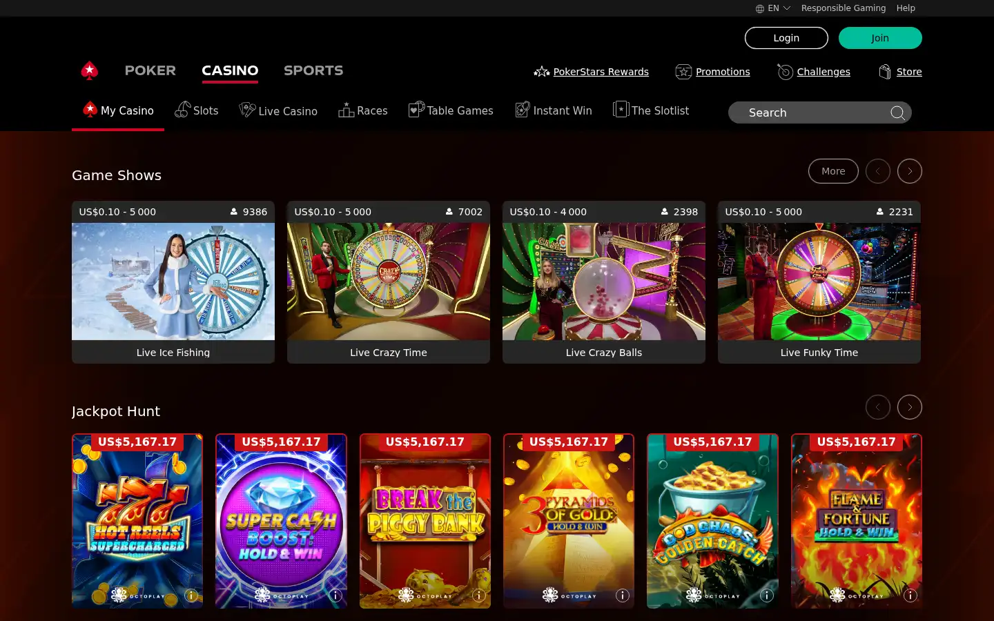 Screenshot of pokerstarscasino.com