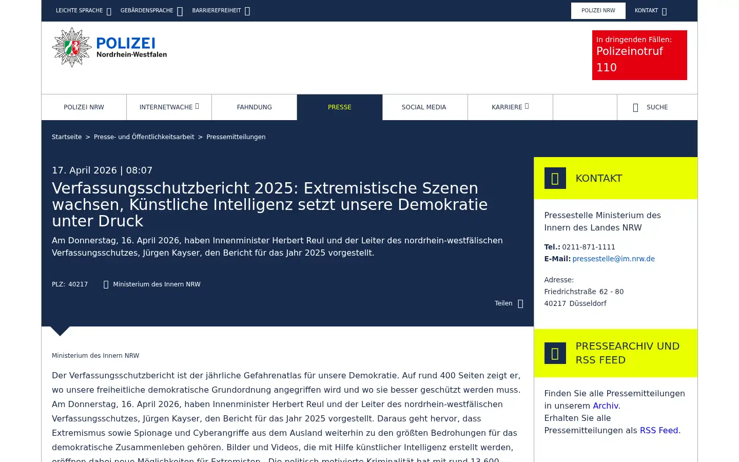 Screenshot of polizei.nrw