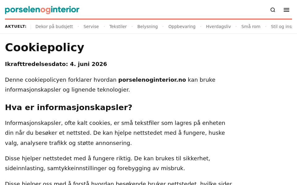 Screenshot of porselenoginterior.no
