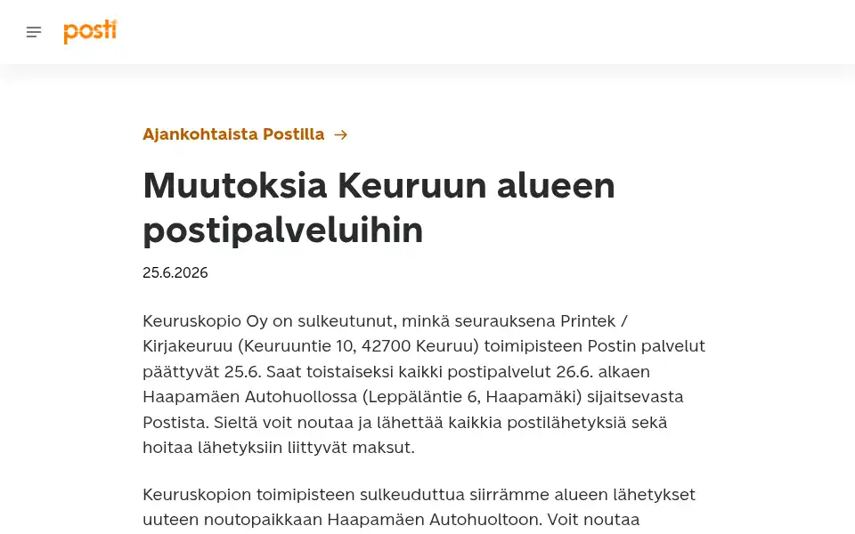 Screenshot of posti.fi