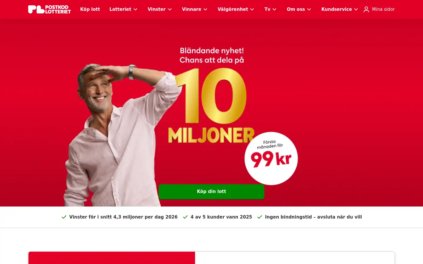 Screenshot of postkodlotteriet.se