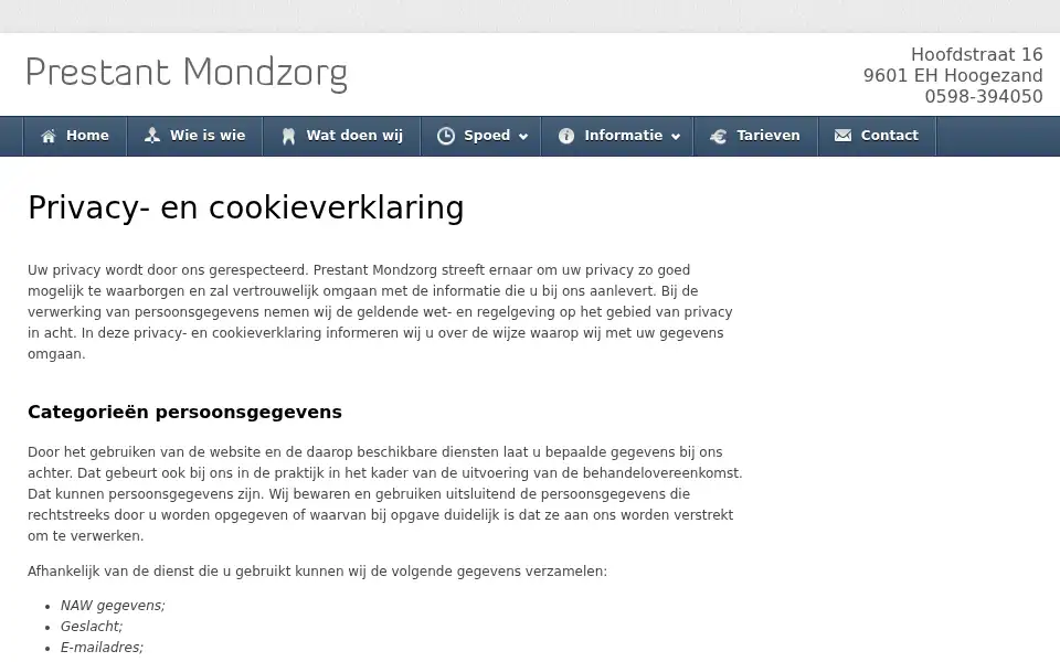 Screenshot of prestantmondzorg.nl