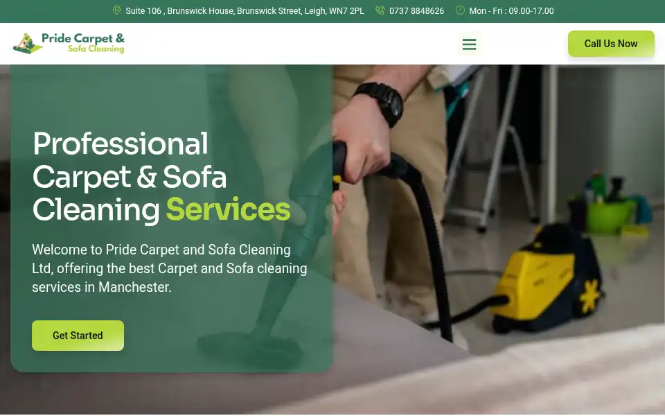 Screenshot of pridecarpetandsofacleaning.co.uk