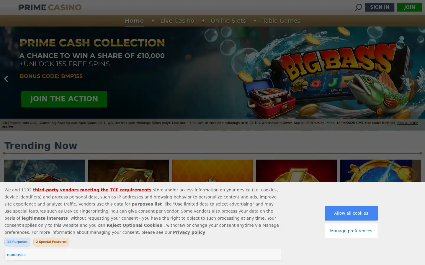 Screenshot of primecasino.co.uk