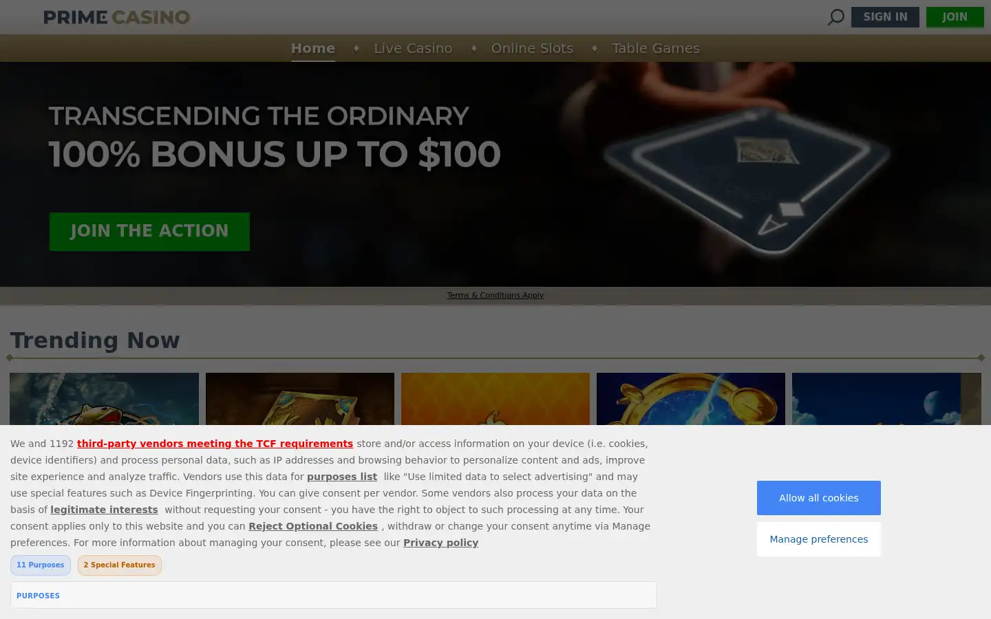 Screenshot of primecasino.com