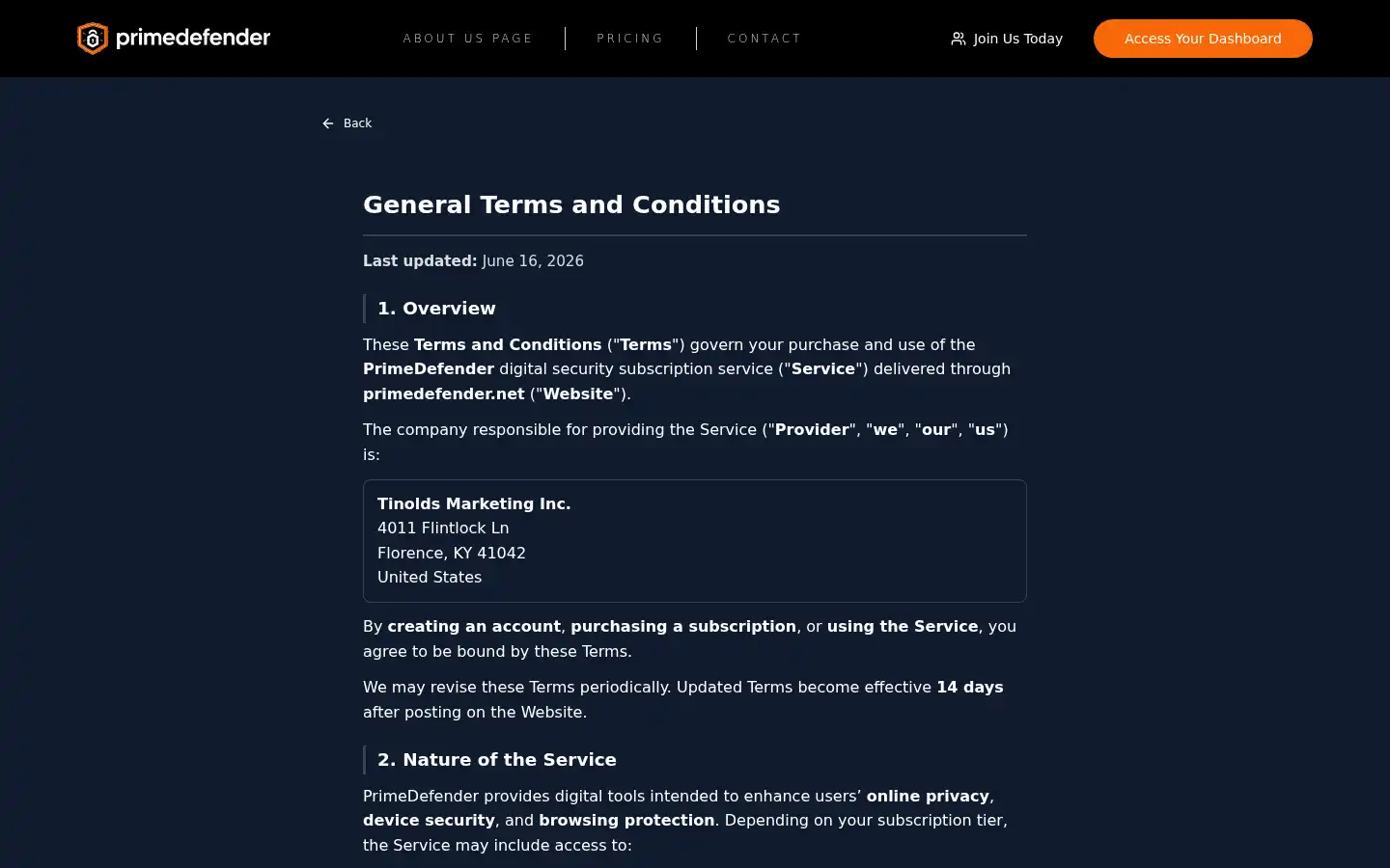 Screenshot of primedefender.com