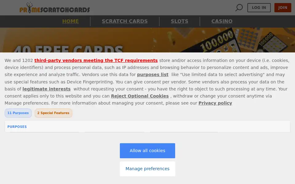 Screenshot of primescratchcards.com