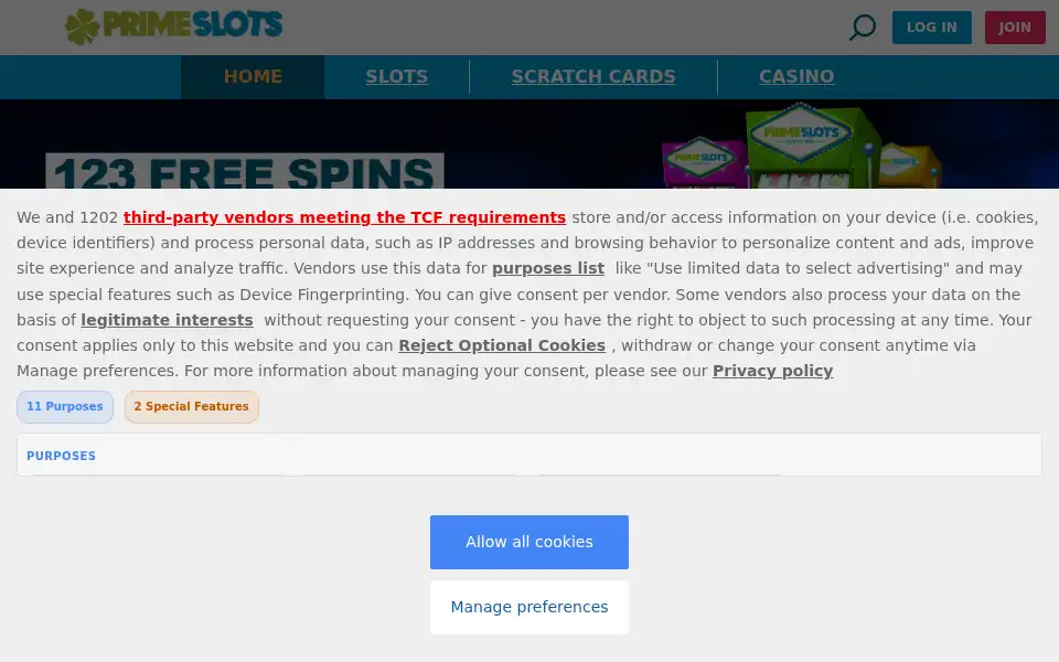 Screenshot of primeslots.co.uk