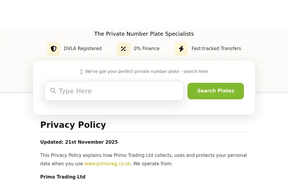 Screenshot of primoregistrations.co.uk