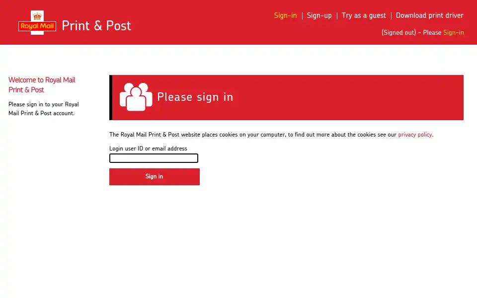 Screenshot of printandpost.royalmail.com
