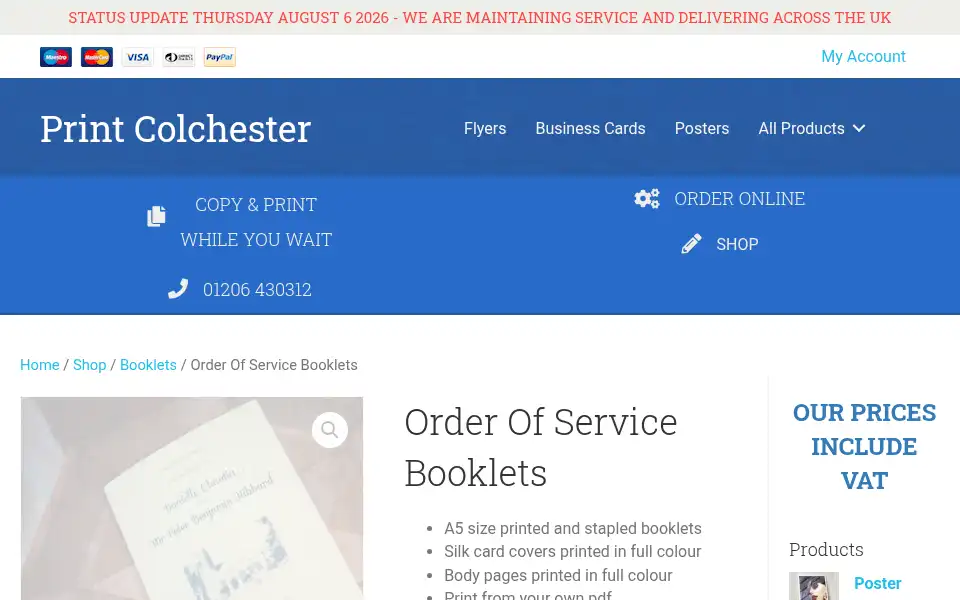 Screenshot of printcolchester.co.uk