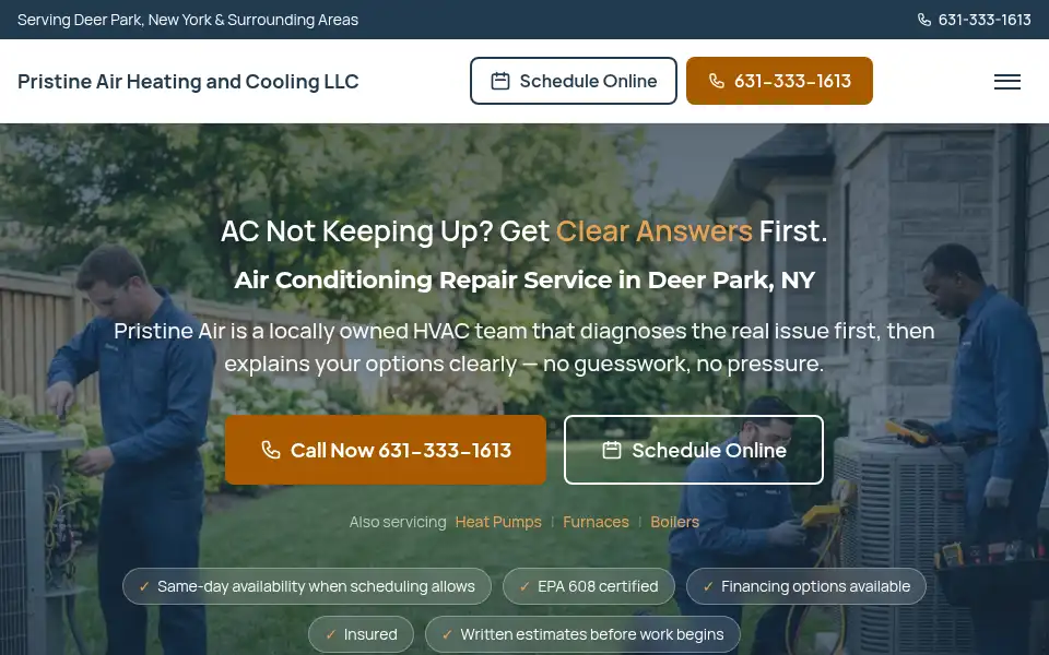 Screenshot of pristineairheatingandcooling.com