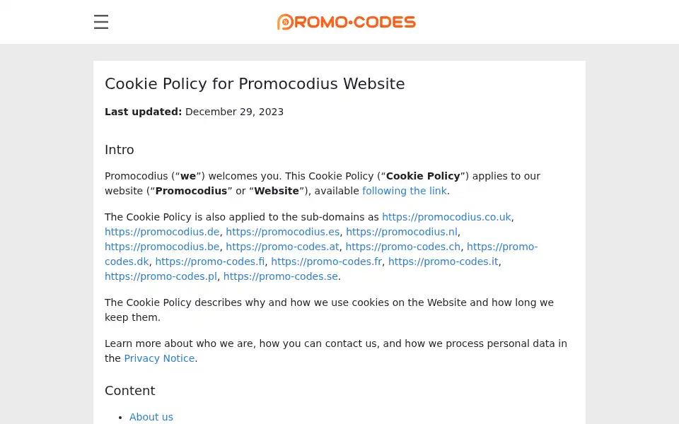 Screenshot of promo-codes.se