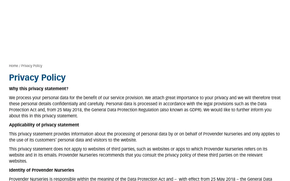 Screenshot of provendernurseries.co.uk