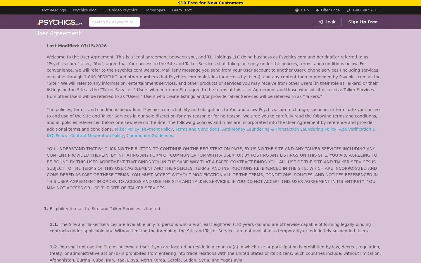 Screenshot of psychics.com