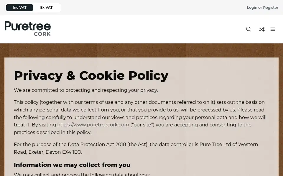 Screenshot of puretreecork.com