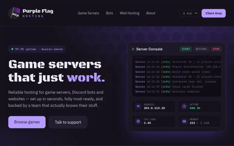 Screenshot of purpleflaghosting.com