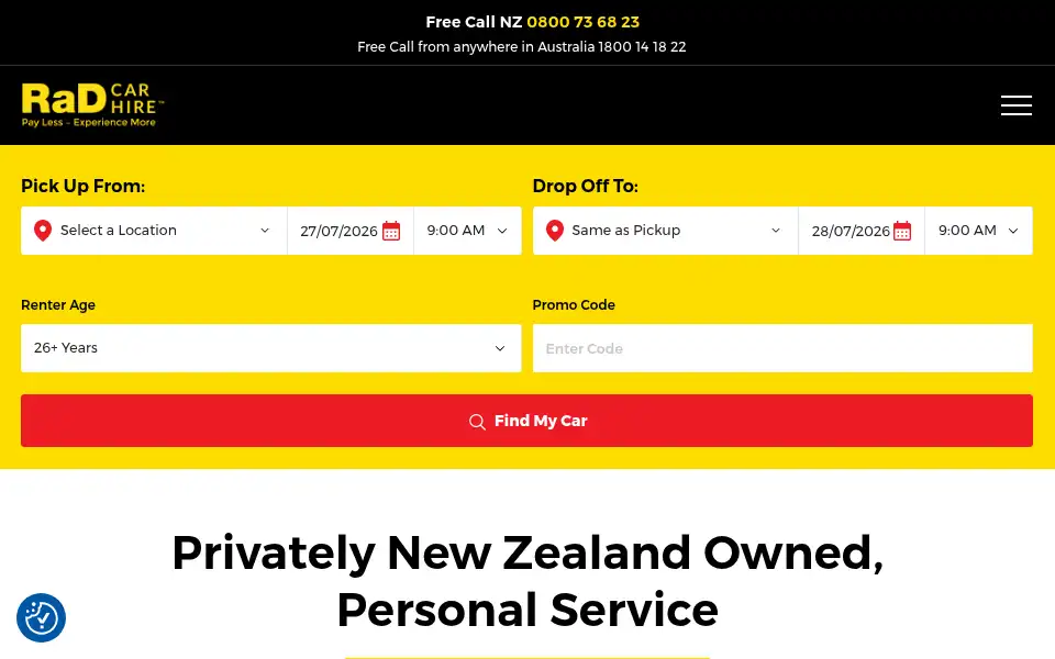 Screenshot of radcarhire.co.nz