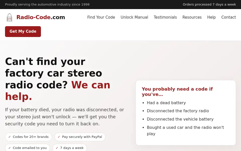 Screenshot of radio-code.com