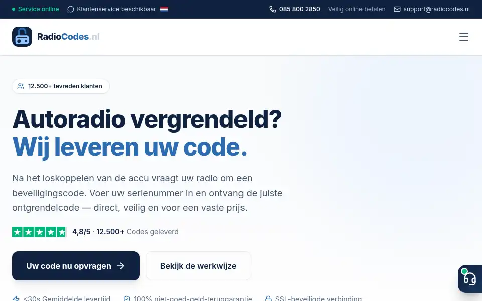 Screenshot of radiocodes.nl