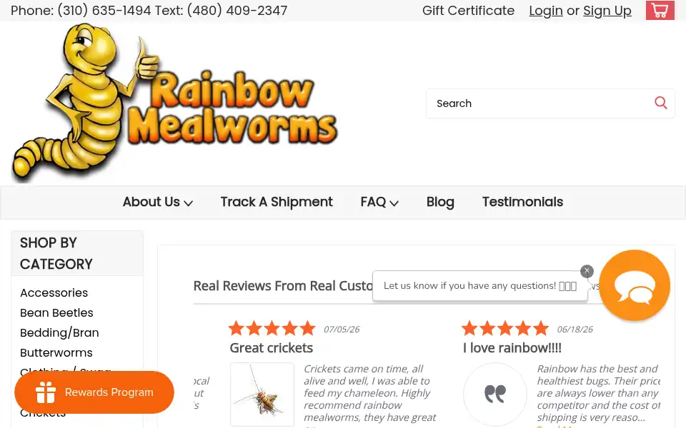 Screenshot of rainbowmealworms.net