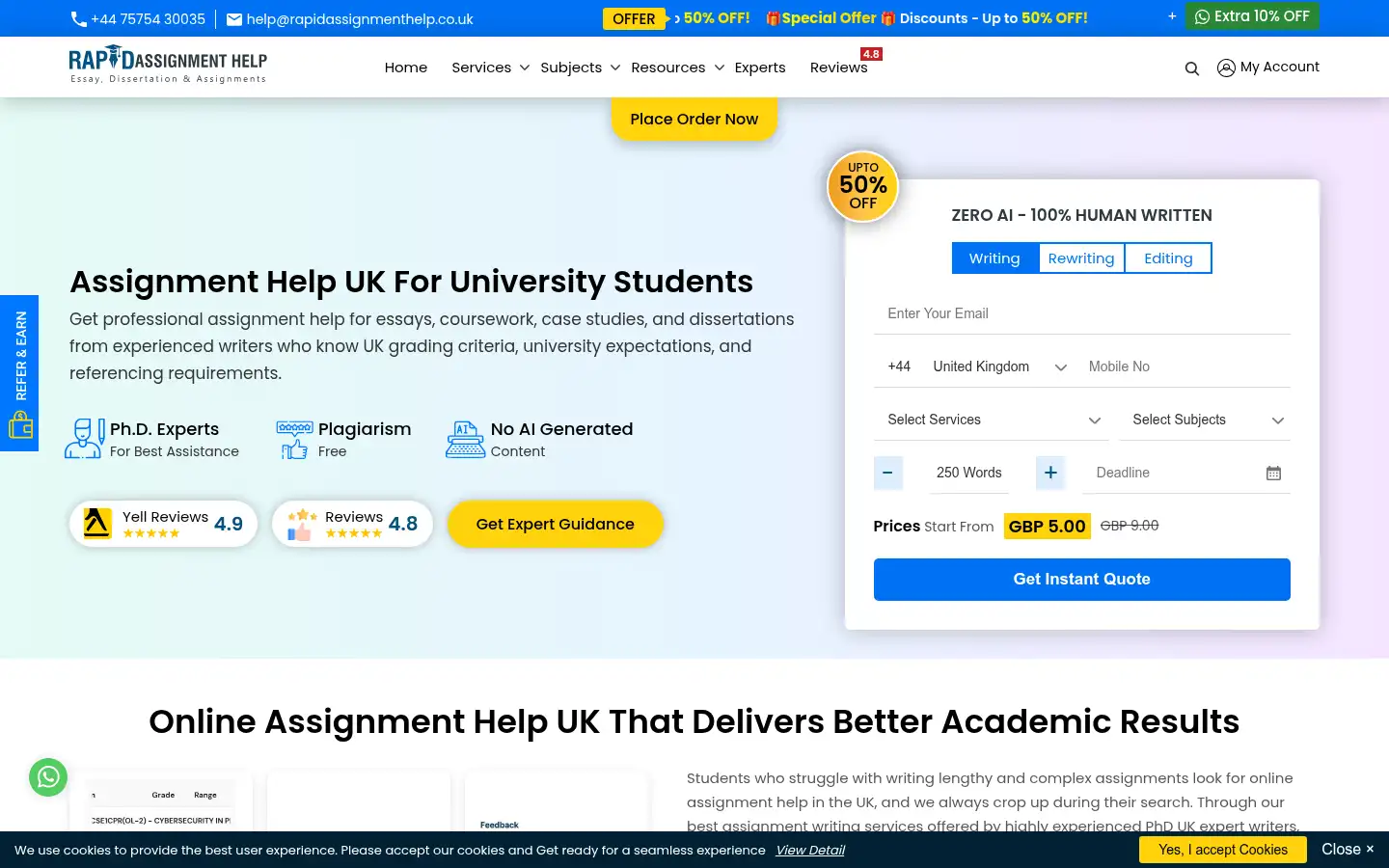 Screenshot of rapidassignmenthelp.co.uk