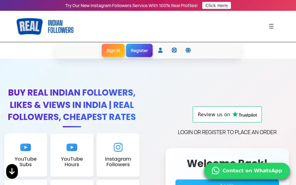 Screenshot of realindianfollowers.com