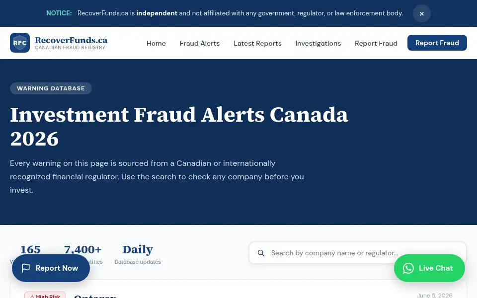 Screenshot of recoverfunds.ca