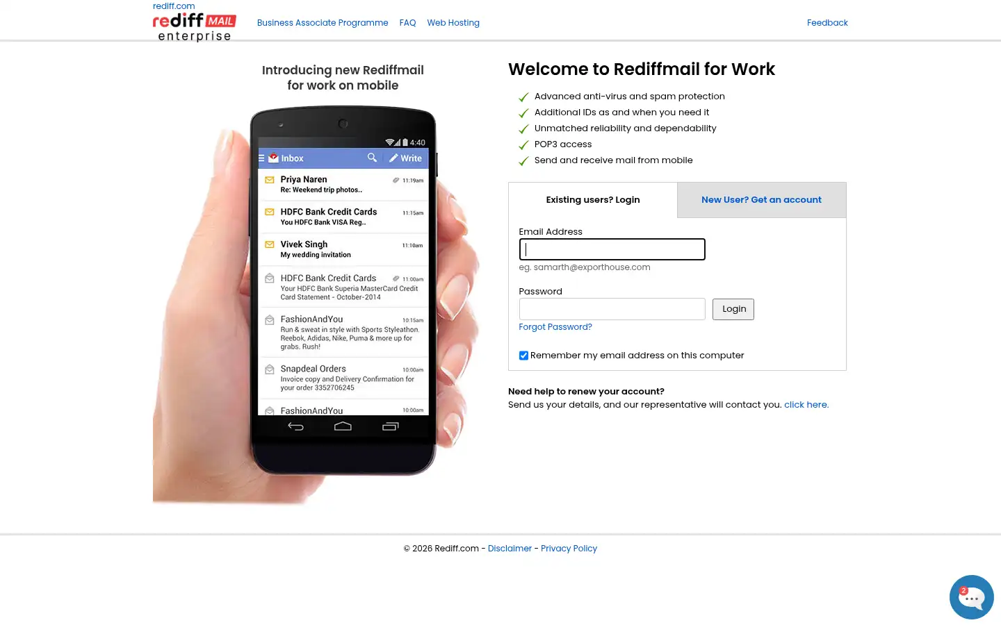 Screenshot of rediffmailpro.com