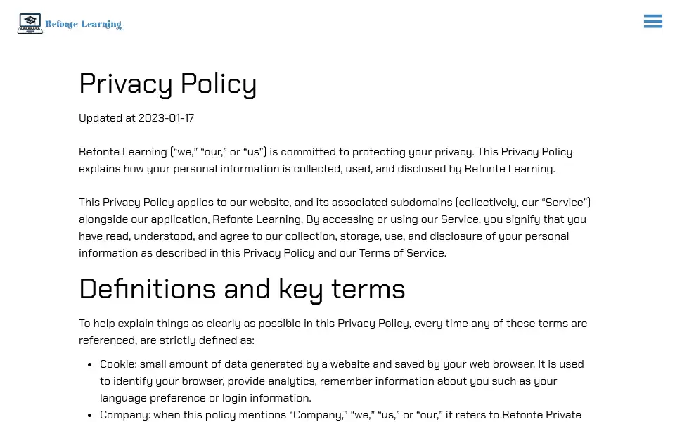 Screenshot of refontelearning.com