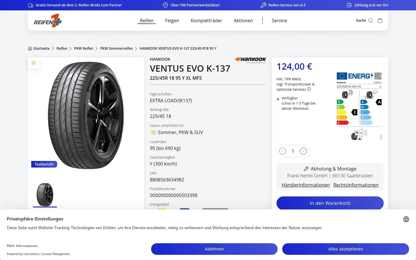 Screenshot of reifen-hertel.reifen1plus.com