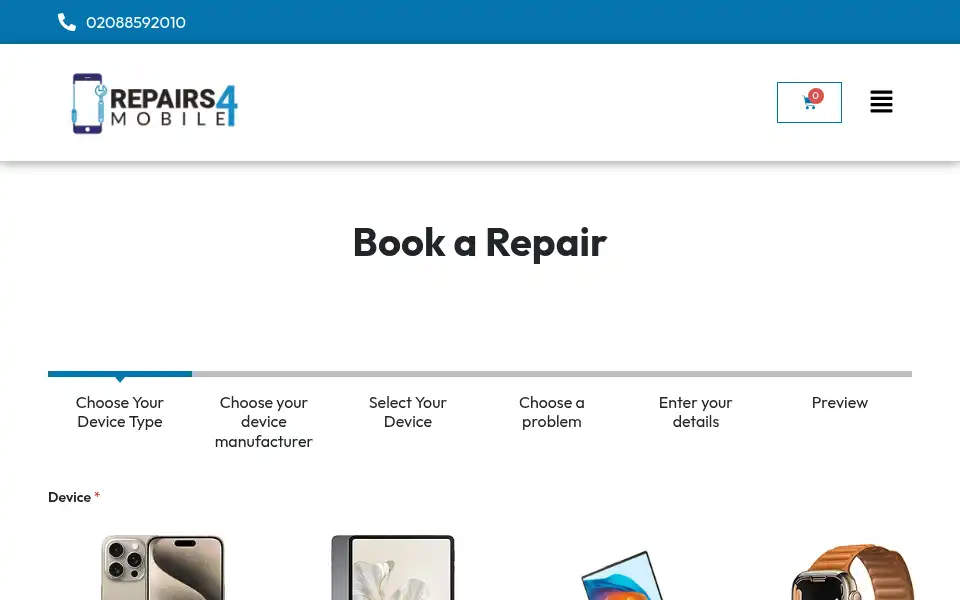 Screenshot of repairs4mobile.co.uk