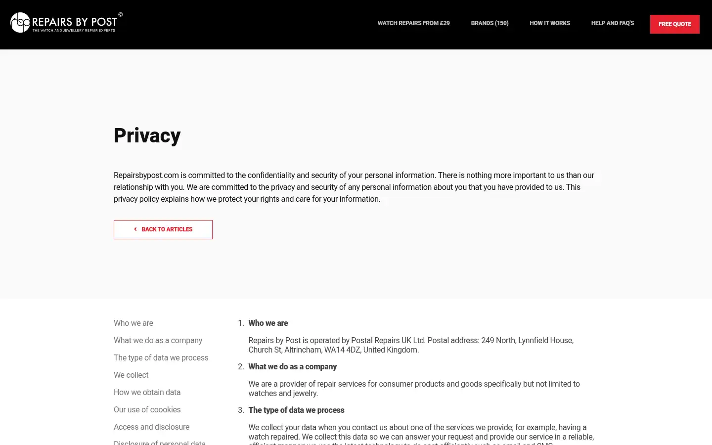 Screenshot of repairsbypost.com