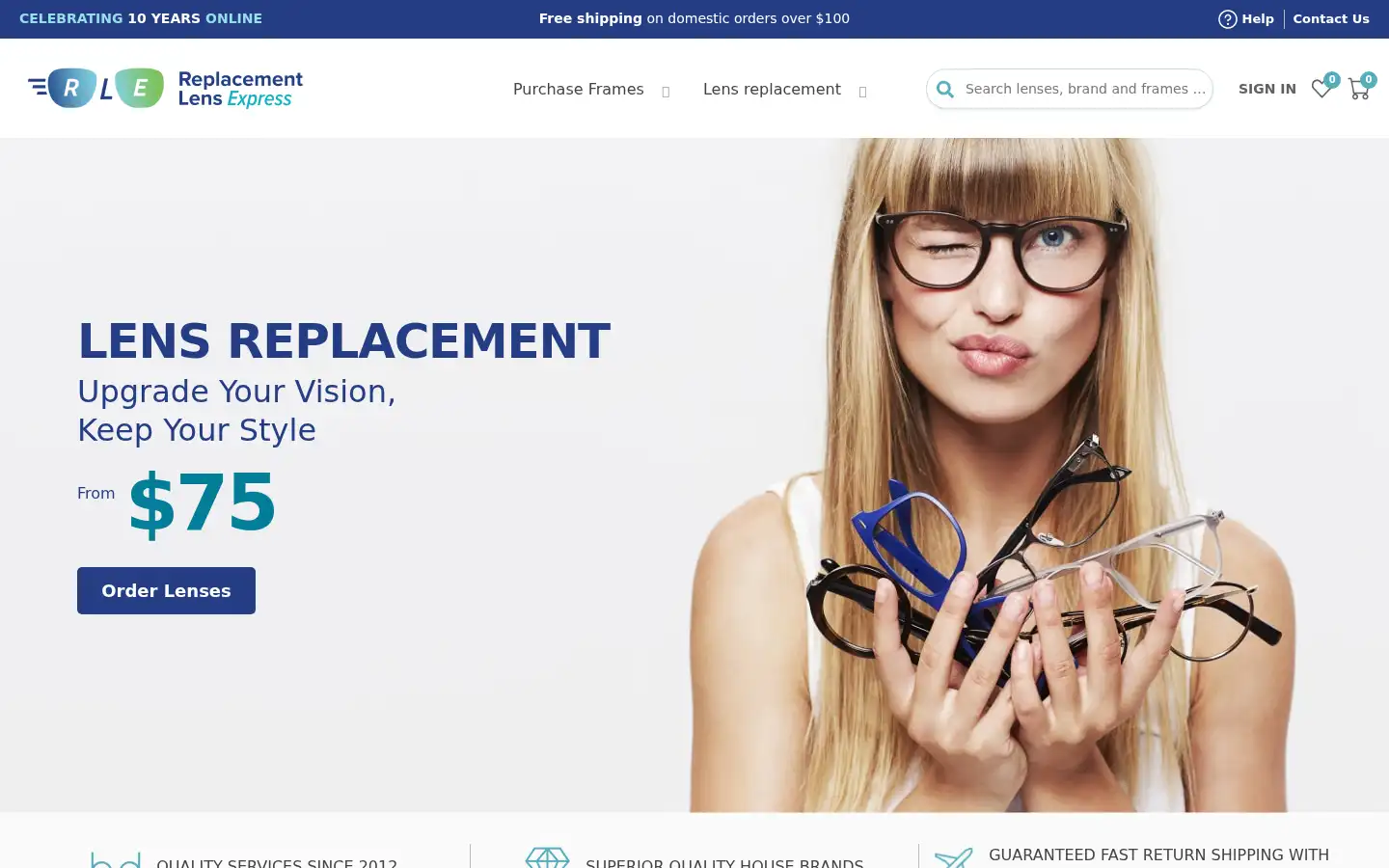 Screenshot of replacementlensexpress.com