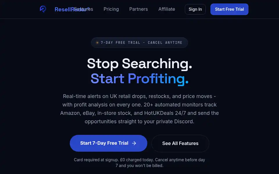 Screenshot of resellradar.co.uk