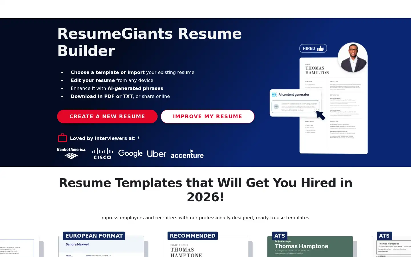 Screenshot of resumegiants.com