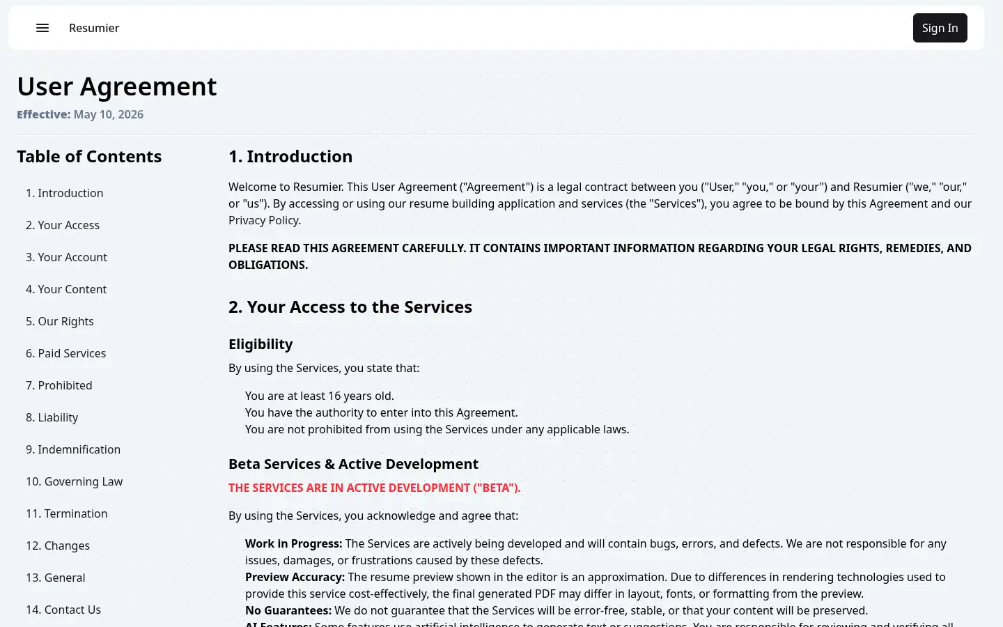 Screenshot of resumier.com
