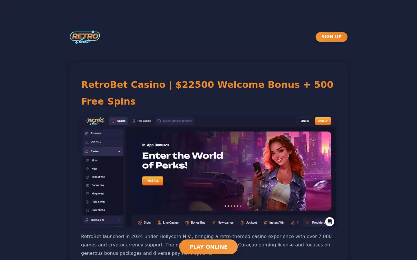 Screenshot of retrobetcasino.ca