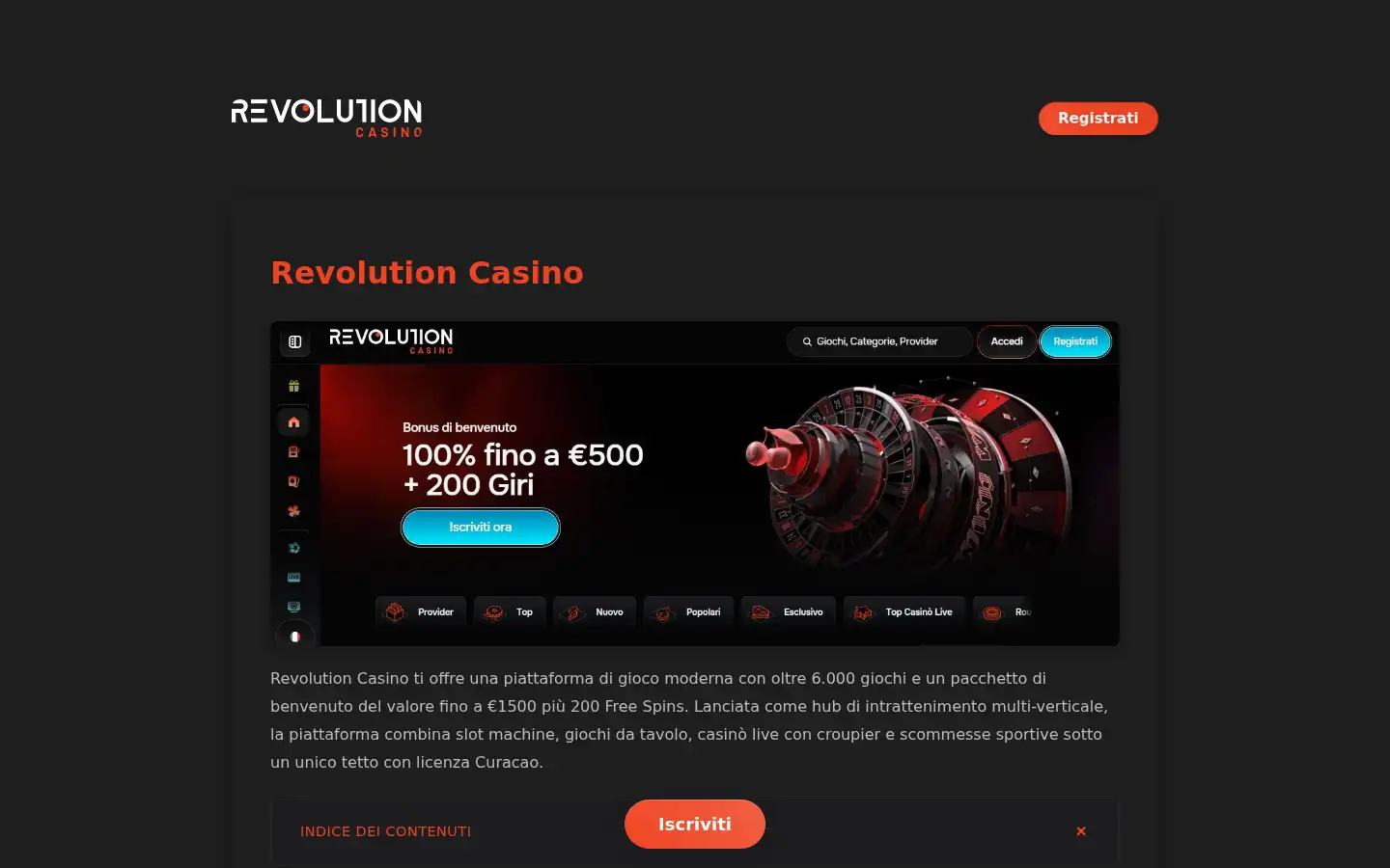 Screenshot of revolutioncasino.co.it