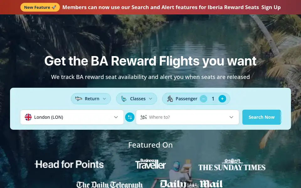 Screenshot of rewardflightfinder.com