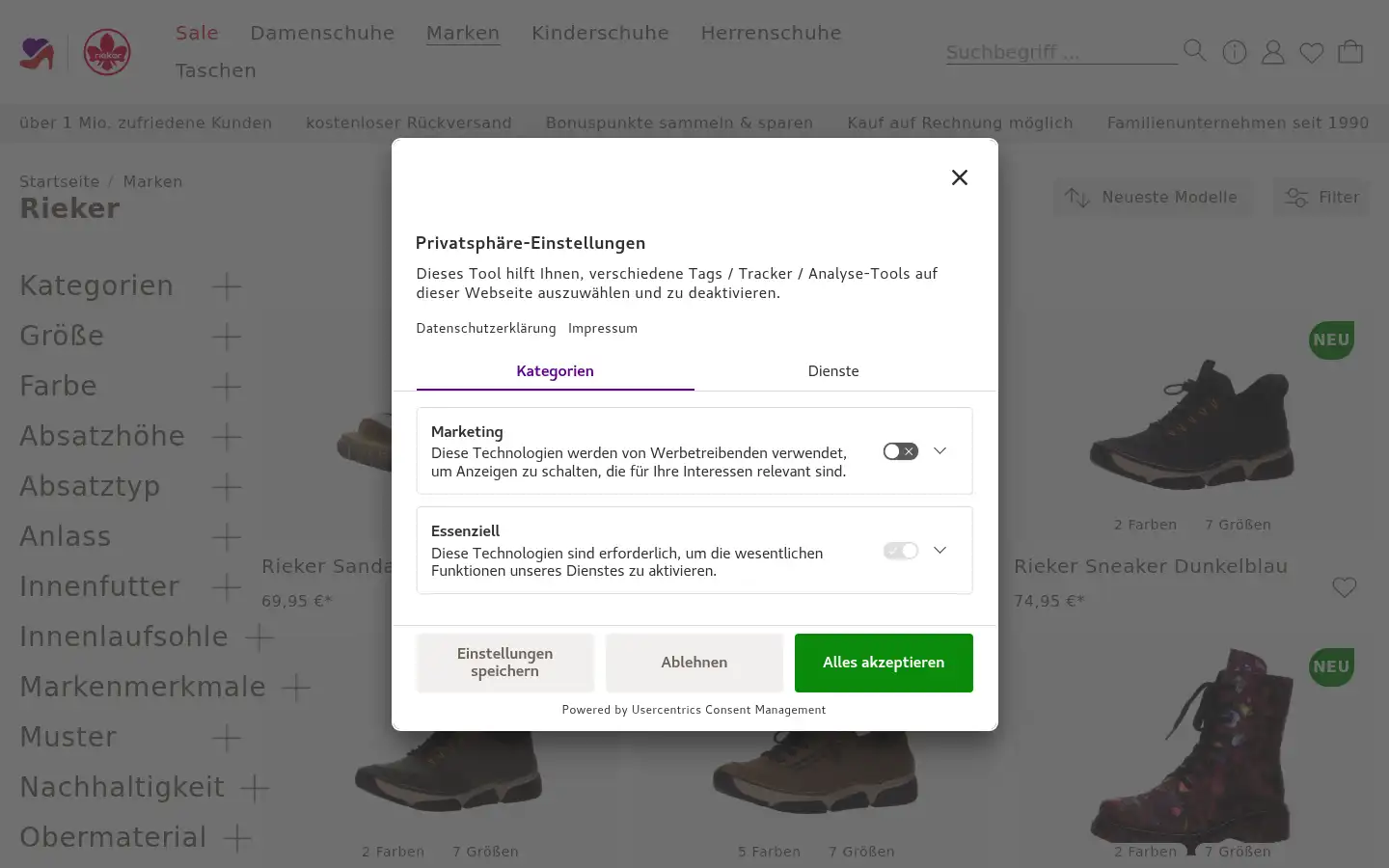 Screenshot of rieker-onlineshop.de