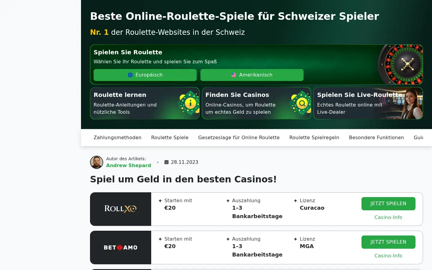 Screenshot of roulette77schweiz.com