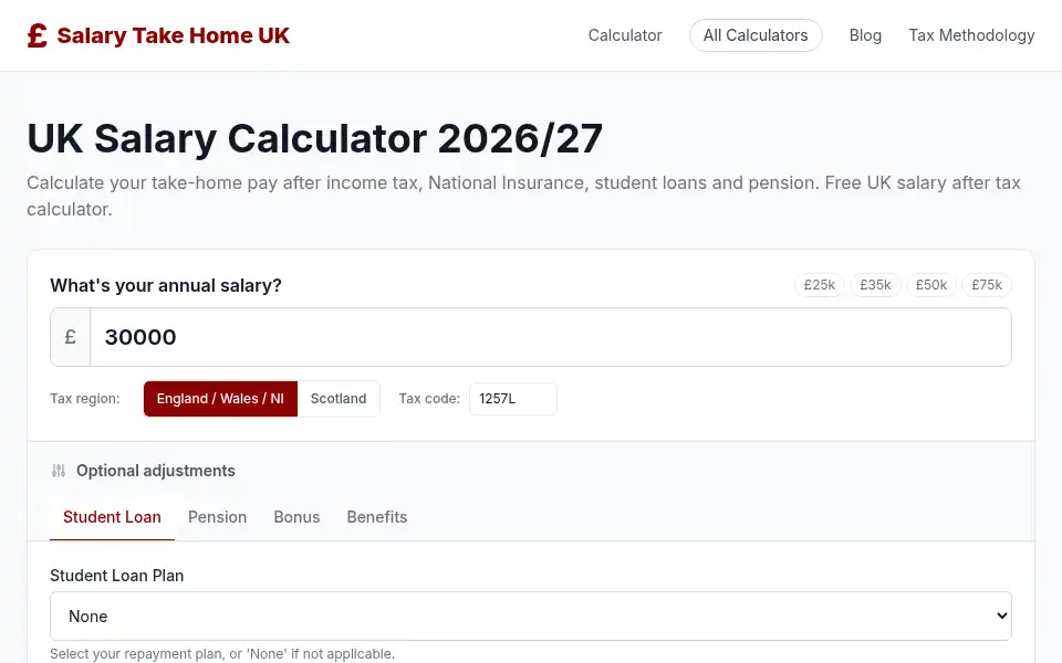Screenshot of salarytakehomeuk.co.uk