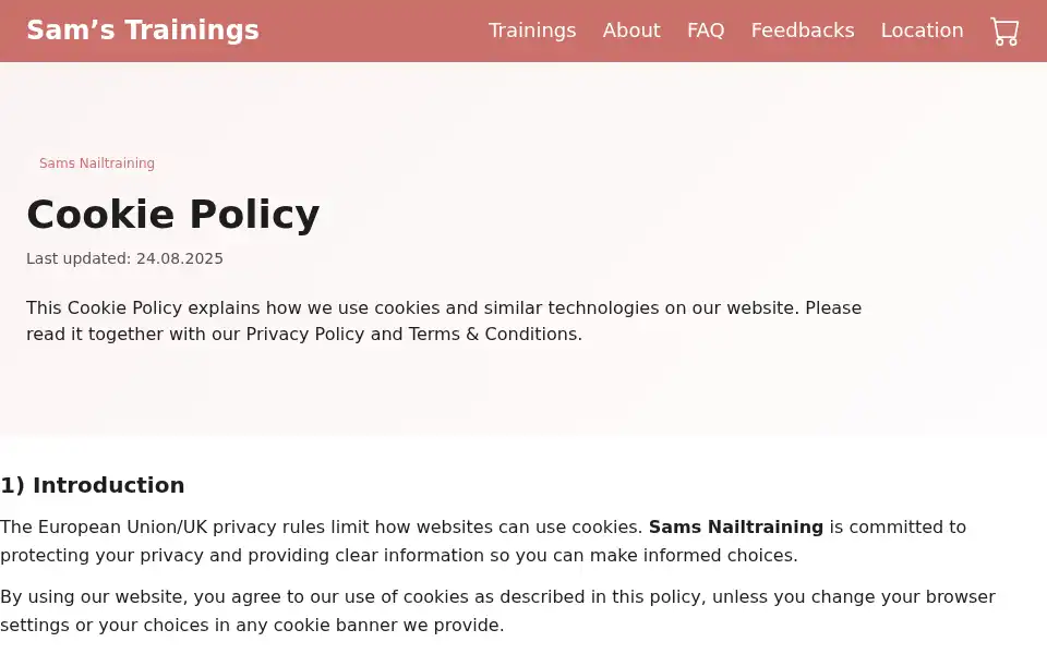 Screenshot of samsnailtraining.co.uk