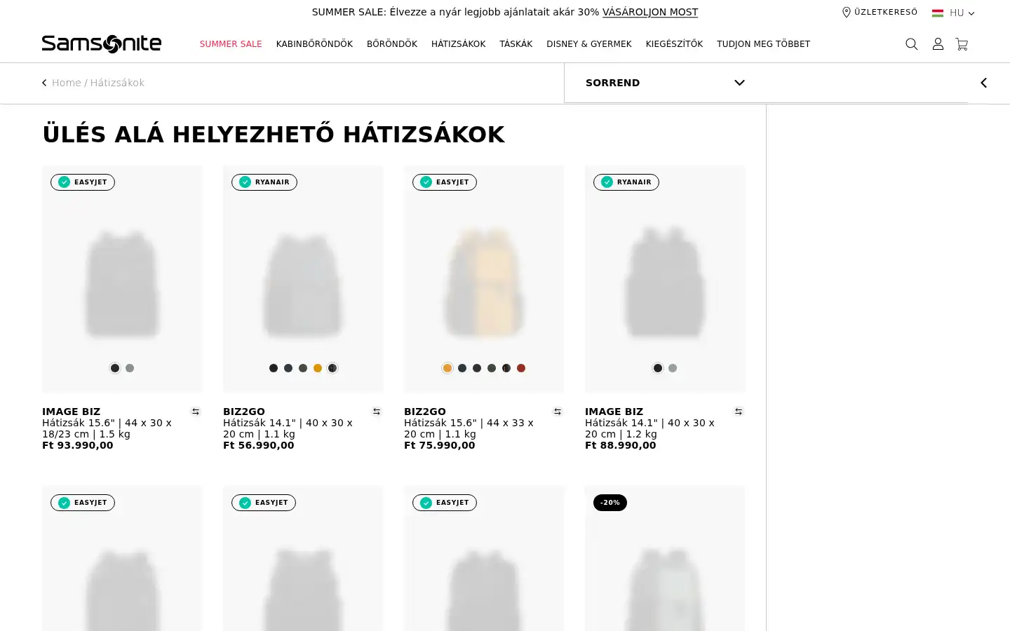 Screenshot of samsonite.hu